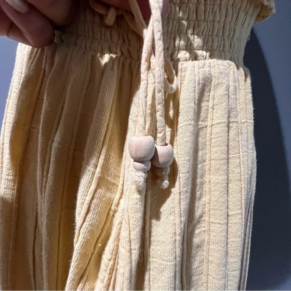 Vintage 90s Free People Yellow Ankle Thick Cotton Sun Dress With Lace Up Sides S - Picture 6 of 13